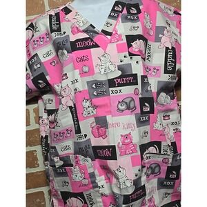 Scrub H.Q. SCRUB TOP size Small Kittens / Cats Pink color Meow Purr‎ READ